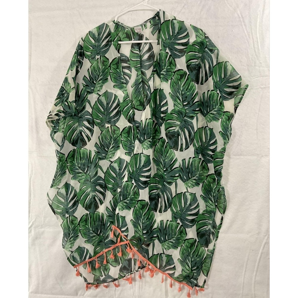 Tropical Kimono Blouse Womens One Size Green Leaf Sheer Tassel Hem Beach Coverup